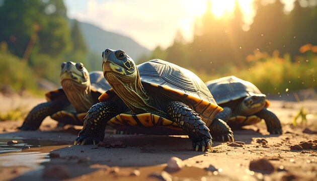 A trio of turtles on a rugged terrain at sunset