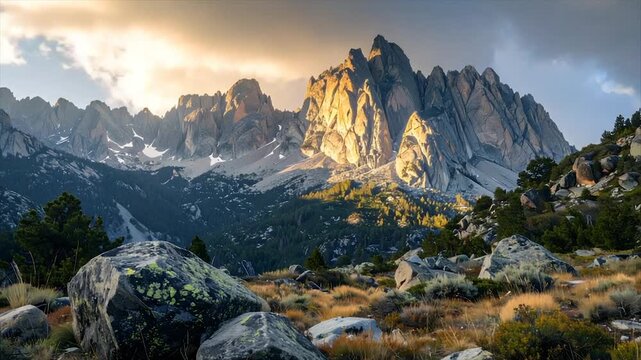 Majestic mountain range with peaks lit by golden sunlight, foreground of rocks and plants