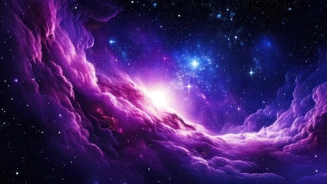 A vibrant nebula with purples, blues, and stars, illuminated by a central light source