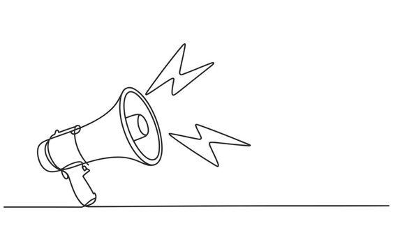 Simple line drawing of a megaphone with sound waves emanating from it representing a broadcast or announcement the image conveys message alert or declaration line art noise maker megaphone