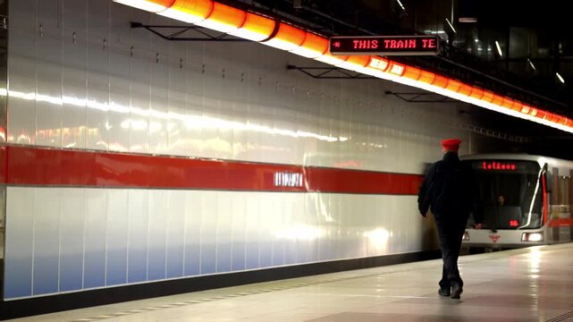 Subway train arriving at underground station platform. Transit controller in uniform walking along the train for inspection. Modern public transport and urban infrastructure.