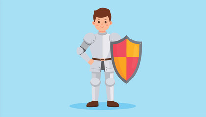 vector A young man dressed as a knight in full armor stands confidently holding a colorful shield © Asvara
