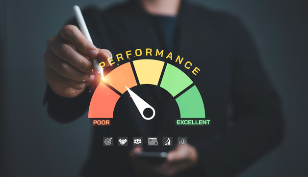Business performance evaluation concept with KPI dashboard gauge, analytics metrics, productivity tracking and efficiency improvement, showing progress from poor to excellent in management system.