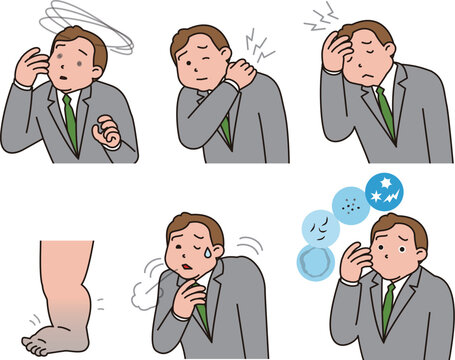 高血圧などからくる病気のサイン。痺れ、めまいなど症状があるビジネスマンのイラスト。