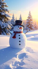 Naklejka premium A snowman in a snowy forest with trees and sunset