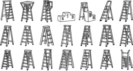 Fototapeta premium Black and White Line Art of Various Ladders and Pedestal for Construction and Sports
