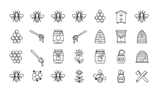 Honey and beekeeping thin line icon set with bee hive honeycomb and organic farm vector symbols