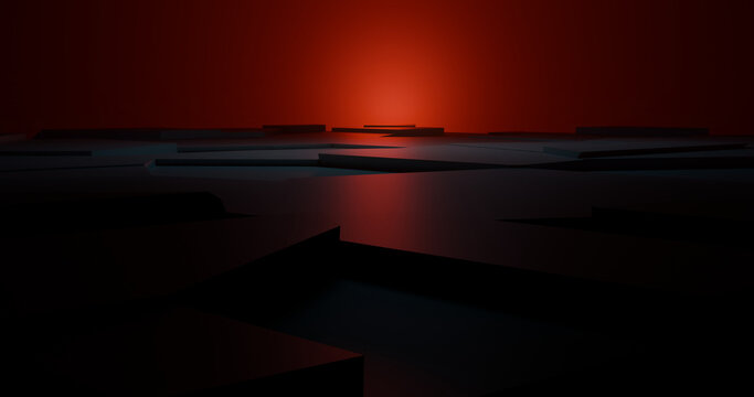 Abstract dark geometric blocks with glowing red background light