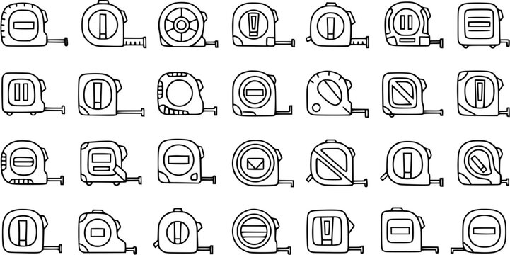 Black and White Line Art Icons of Various Tape Measure Tools for Construction and DIY