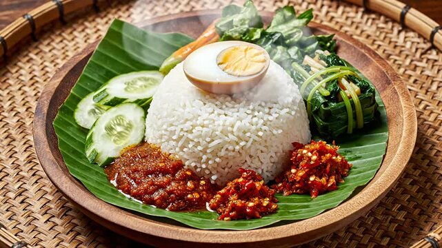 Traditional Nasi Lemak rice with boiled egg and spicy sambal