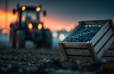 Fototapeta premium The red tractor drives across the vineyard at dusk, transporting freshly picked grapes in wooden crates, while the harvest season thrives with ripe fruit ready for wine production
