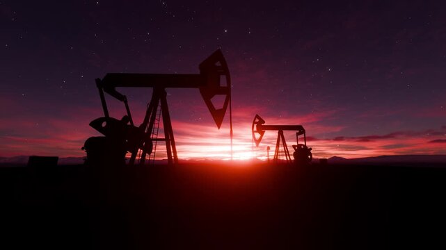 Oil production in the sunset: the balance between progress and nature. Oil pumps