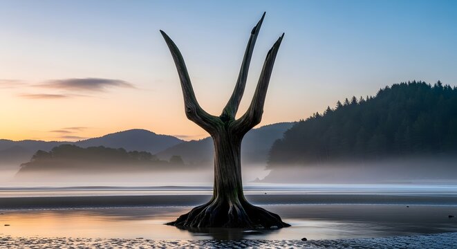 Vertical shot of a weathered wooden sculpture resembling an ancient gnarled tree trunk with intricate organic textures standing against a clear sky in a rustic outdoor setting.