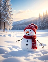 Obraz premium A snowman in a winter landscape with trees and mountains