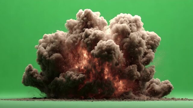 Large scale ground explosion with thick grey smoke and orange fiery sparks against chroma key backdrop shows dynamic blast sequence for cinematic visual effects and realistic energy release.