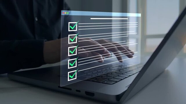 Businessman in computer doing online data documentation checklist survey.Productivity checklist and filling survey form online. Fast checklist,clipboard task business management.