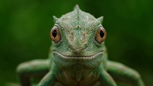 Green chameleon close up portrait, exotic reptile with bulging eyes looking at camera, macro wildlife photography of a lizard head
