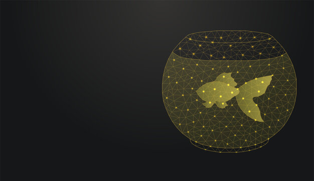 Low poly wireframe goldfish in a fishbowl icon on dark background.