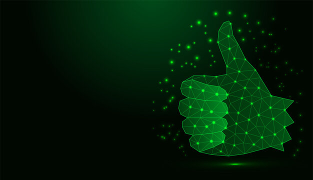 Low poly wireframe thumbs up on dark background.