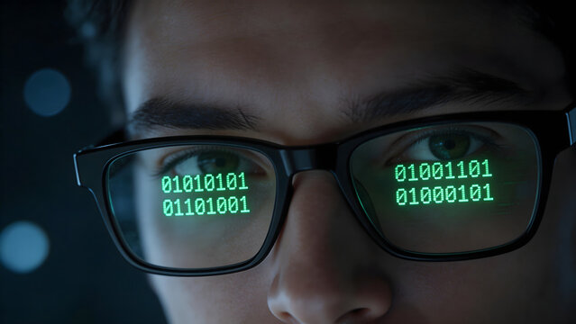 Person wearing glasses with binary code displayed