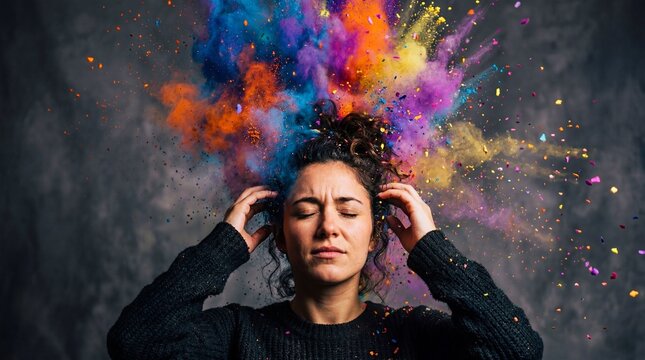 A person with closed eyes holds their head as vibrant multicolored powder explodes around them, symbolizing creativity and intense emotion.