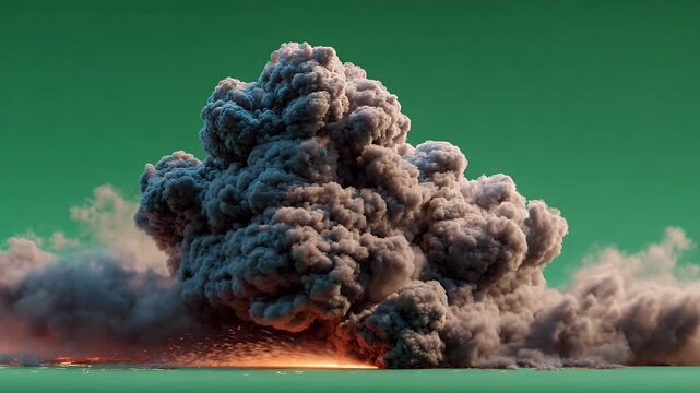 Massive dark smoke cloud erupting from explosion with fiery ground below, conveying destruction and chaos, cinematic slow motion footage on green screen.