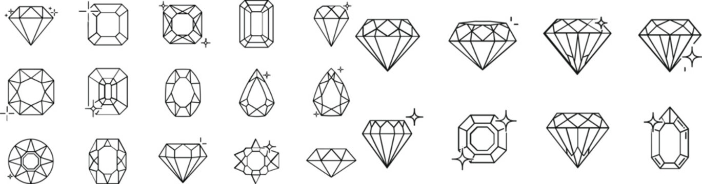 Diamond Gemstone Outline Icon Set with Luxury Jewelry Crystal Shapes Collection for Branding Logos Engagement Rings Fashion Accessories Decorative Vector Design