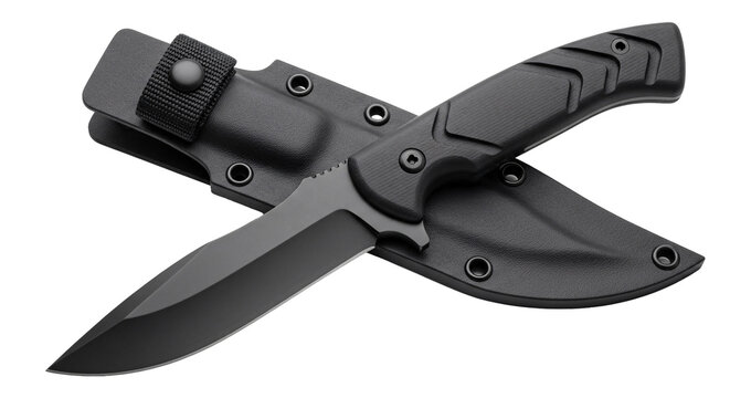 Black combat knife with sheath isolated on transparent background.