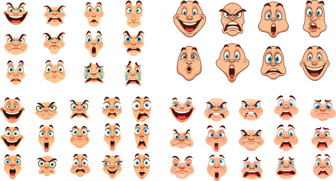 Cartoon Facial Expression Icon Set with Funny Character Emotions Faces Collection Showing Happy Sad Angry Surprised Fear Reactions for Animation UI Sticker Vector Design