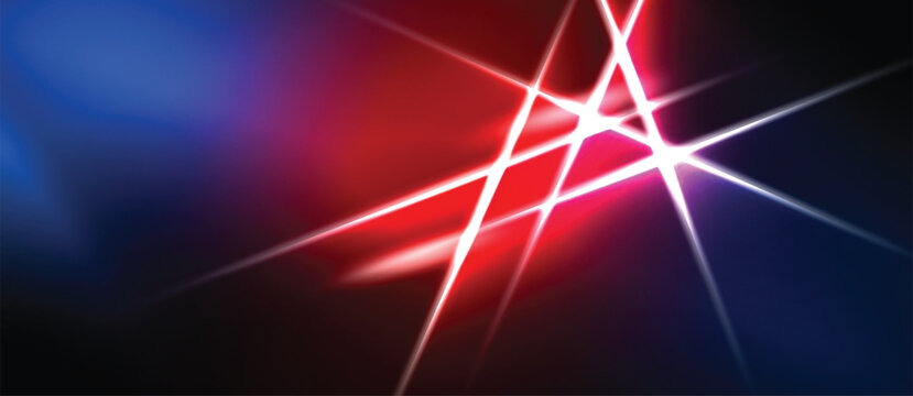 Abstract background features vibrant red, blue light streaks. Dramatic illumination creates dynamic visual effect. Dark areas contrast bright lines.