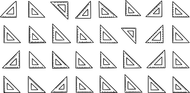 Education and Geometry Black  White Line Art Seamless Pattern with Hand-Drawn Set Squares. Triangle Rulers Background for School  Math.