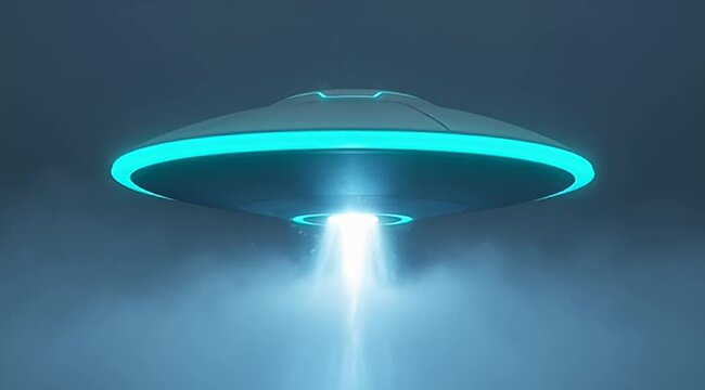 Futuristic UFO spacecraft hovering in foggy night sky, glowing blue alien saucer with light beam, mysterious unidentified flying object in mist