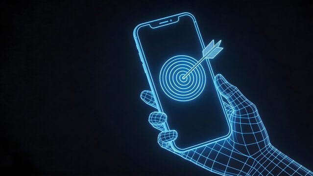Hand holding smartphone with target and arrow
