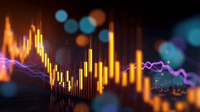 Abstract financial candlestick chart background with glowing yellow and orange bars moving dynamically across dark digital landscape representing market fluctuations and economic growth trends.