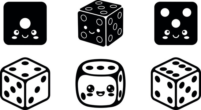 Black and white kawaii dice faces with cute expressions six icons