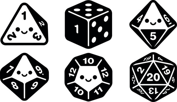 Black and white kawaii cute polyhedral dice vector art six types smiling faces