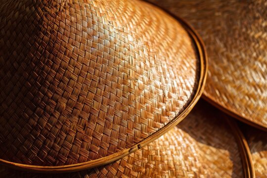 市場の屋台近くで織られた麦わら帽子の工芸品