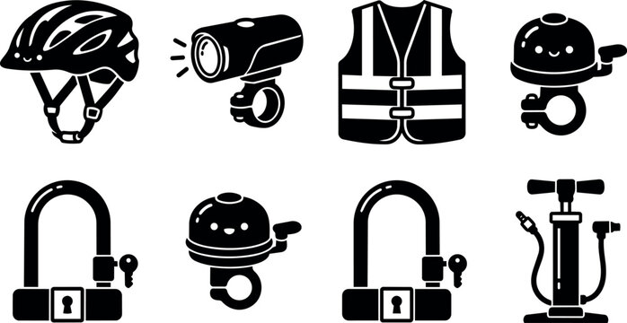Black and white bicycle helmet light bell lock and pump vector art icons