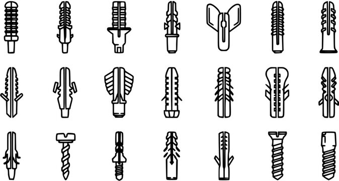 Construction Hardware Collection: Diverse Wall Anchors, Plugs, and Screws in Detailed Black and White Line Art Icon Set