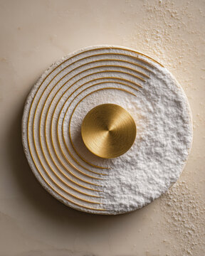 Round textured disc with brass center mounted on a beige wall