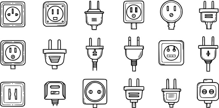 Black and White Line Art Icons of Various Electrical Plugs and Sockets
