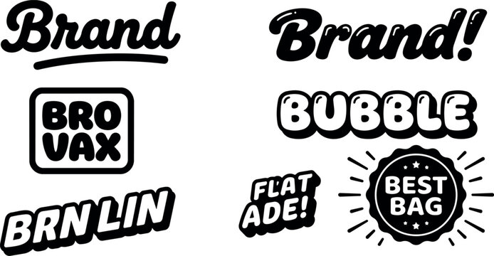 Black and white handwritten and bubble style lettering with brand brovax brn lin flat ade best bag texts