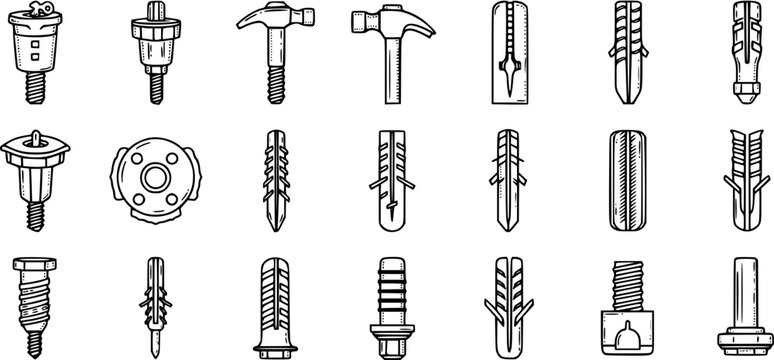 Black and White Line Art Icons of Construction Fasteners, Anchors, and Hammers