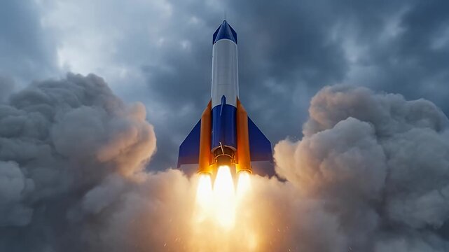 Cinematic rocket launch with fire and smoke, powerful spacecraft taking off into stormy sky, space shuttle ascent with bright exhaust flames