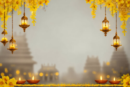 Elegant Diwali festival background with hanging lanterns, marigold garlands, temple silhouettes and copy space