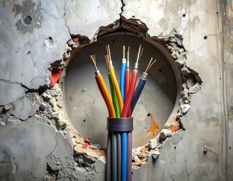 Colorful electrical wires stick out from a hole in concrete wall