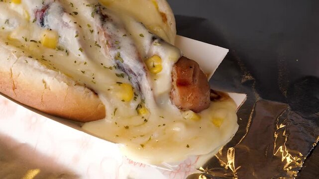 A close-up shot of a delicious, melted mozzarella corn cheese hot dog in a bun, topped with herbs and corn kernels. This popular fast food or street food item features a sausage or cheese filling wrap
