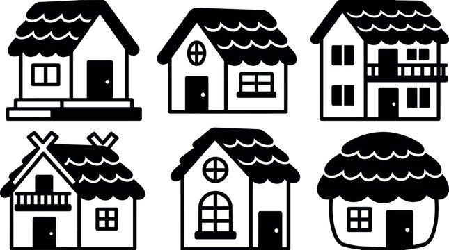 Black and white vector art collection of five different house icons with varied roof shapes and window styles