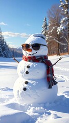 Obraz premium A snowman with sunglasses and a scarf in a snowy landscape