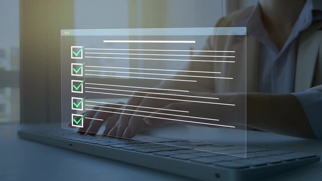 Businessman in computer doing online data documentation checklist survey. Fast checklist,clipboard task business management.Productivity checklist and filling survey form online.